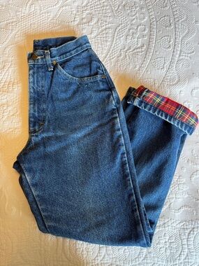 L.L.Bean - High-Rise Blue Jeans with Red Plaid Flannel Cuff
